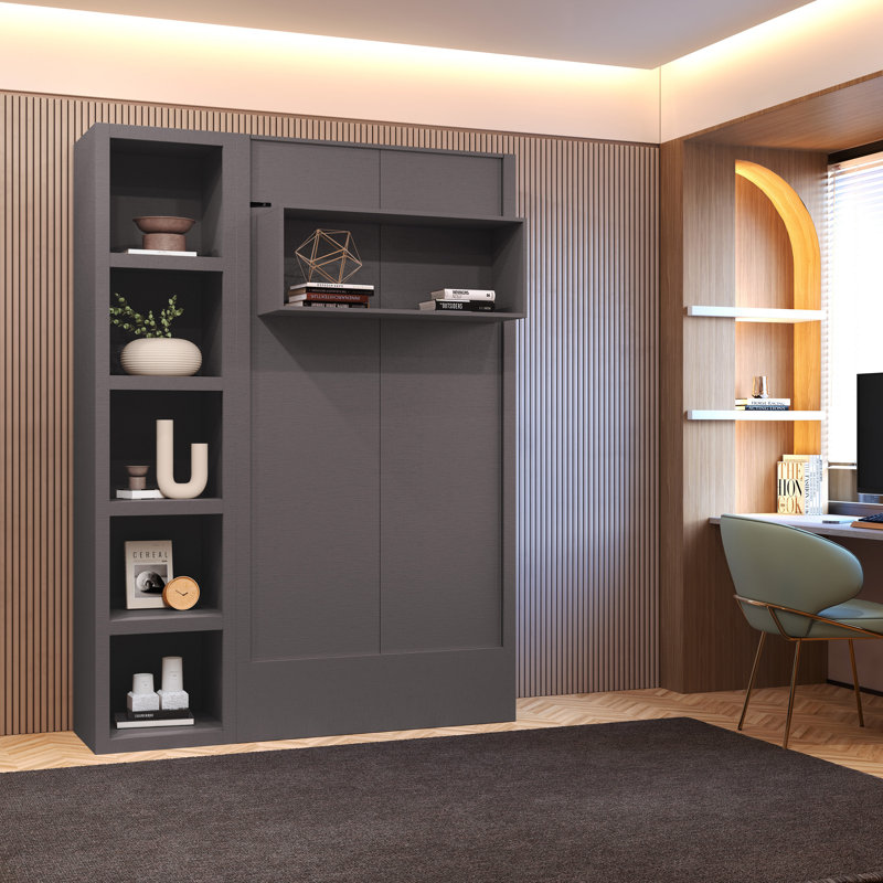 Lit escamotable avec bibliothèque Easy-Lift, Cendré, Lit simple