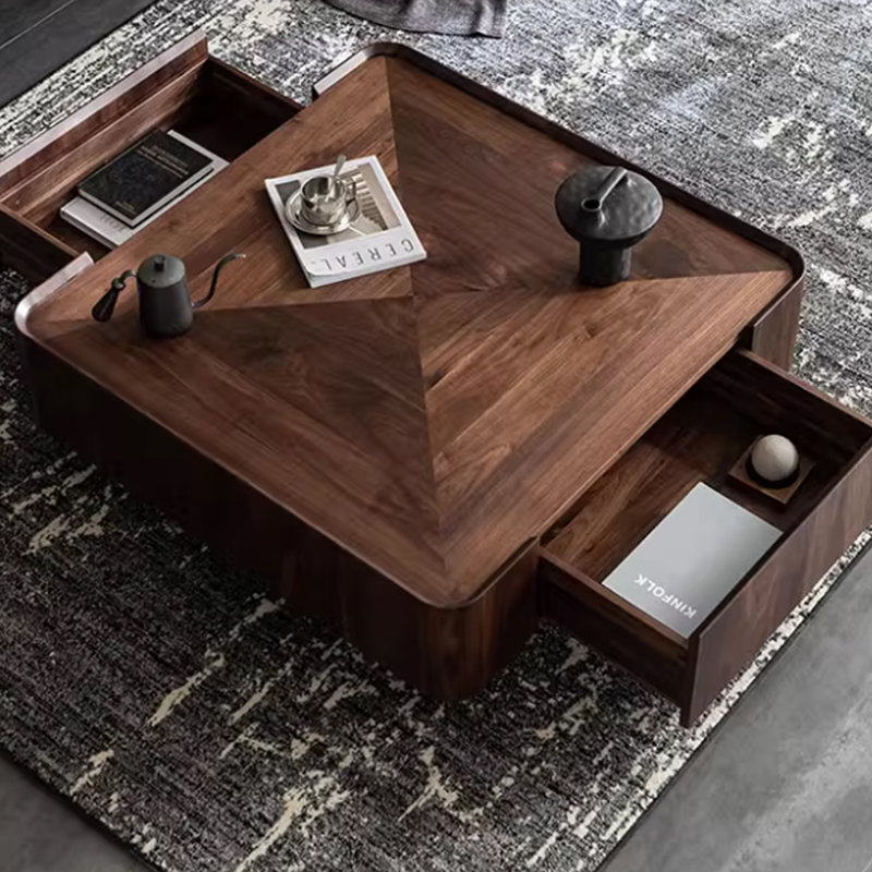 Table basse carrée en noyer massif avec deux tiroirs, H 12,2 po x l 39,3 po x P 39,3 po
