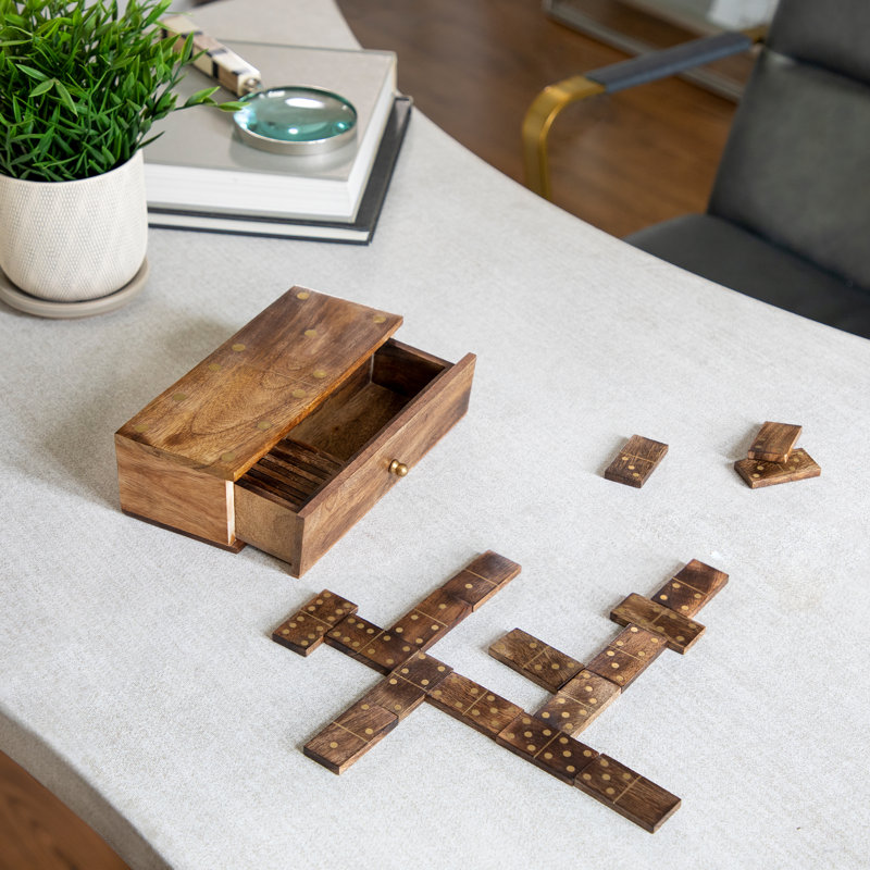 Decorative Dominoes Tabletop Game with Storage Drawer – Classic Games for Coffee Table and Living Room Decor –  Functional Home Decor Accent and Family Game Night for Adults and Kids – 9", Brown