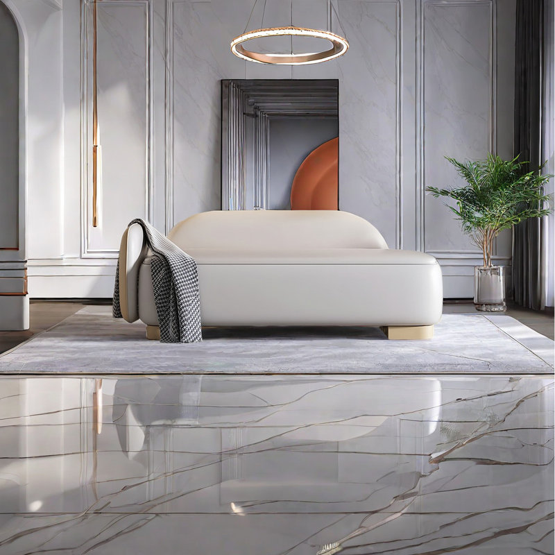 Banc rembourré en cuir Savell, H 21,25 po x l 47,24 po x P 21,65 po, Blanc cassé / Beige