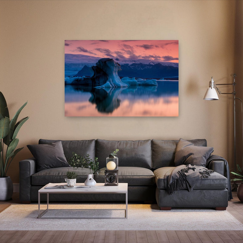Pink Sky Iceberg Lagoon Colorful Dramatic Ethereal Landscape Nature Wall Art Print 1 Piece Wrapped Canvas Wall Art