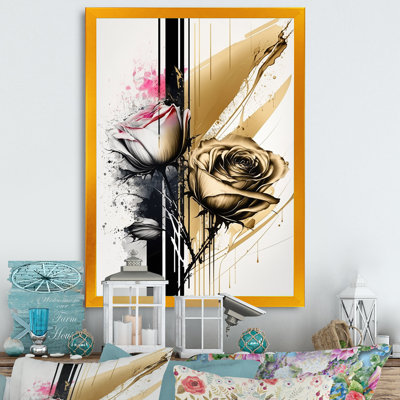 «Roses Flow Flower» sur peinture beige doré V - Peinture sur toile