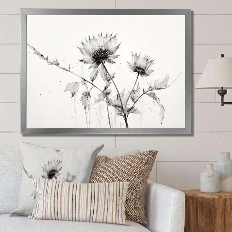 «Thistle Floral», art mural sur toile, minimaliste chardon I, Cadre photo argenté, H 24 po x l 32 po x P 1 po