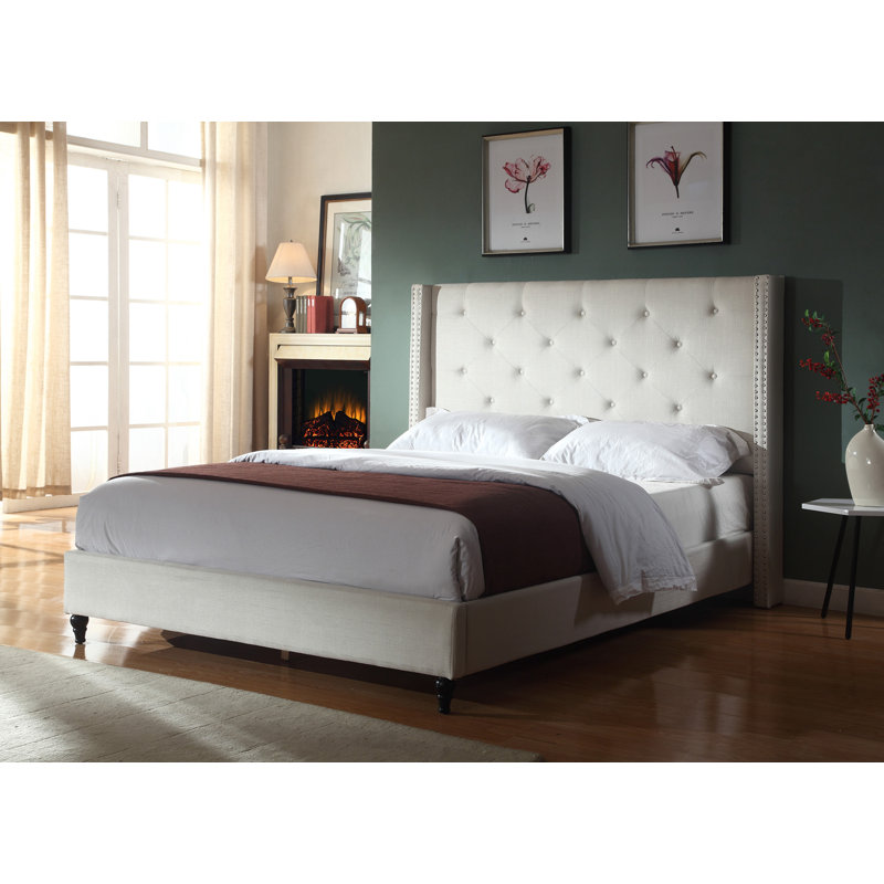 Anthelme Upholstered Wingback Bed, Queen, Beige
