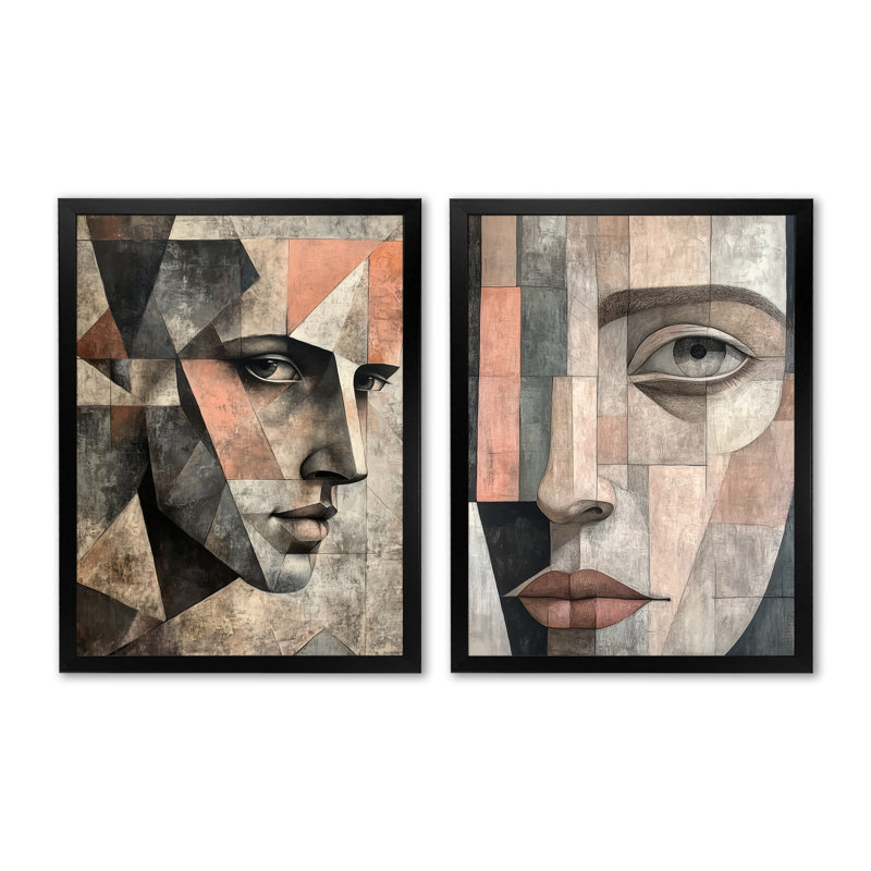 Visage aux angles multiples I - Cubisme - Tableau en deux parties sur toile, 32" H x 48" W, Black Picture Framed