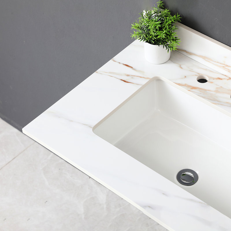 Plan de toilette de 79 cm (31 po) - Blanc avec lavabo rectangulaire central et dosseret de 10 cm (4 po) au design unique