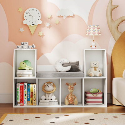 40”Kids Bookshelf with Reading Nook, 6 Storage Cubbies & Seat Cushion for Playroom