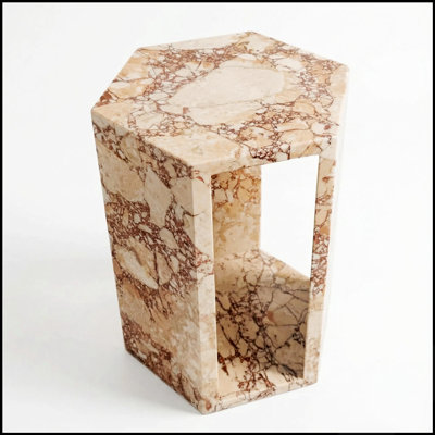 Table d'appoint hexagonale de luxe en marbre rose naturel – Piédestal géométrique élégant pour salon et petits espaces