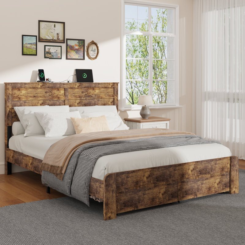 Farmhouse Wood Platform Bed Frame With 2 Drawers,Full Size Bed Frame With Charging Station,No Box Spring Needed, Queen