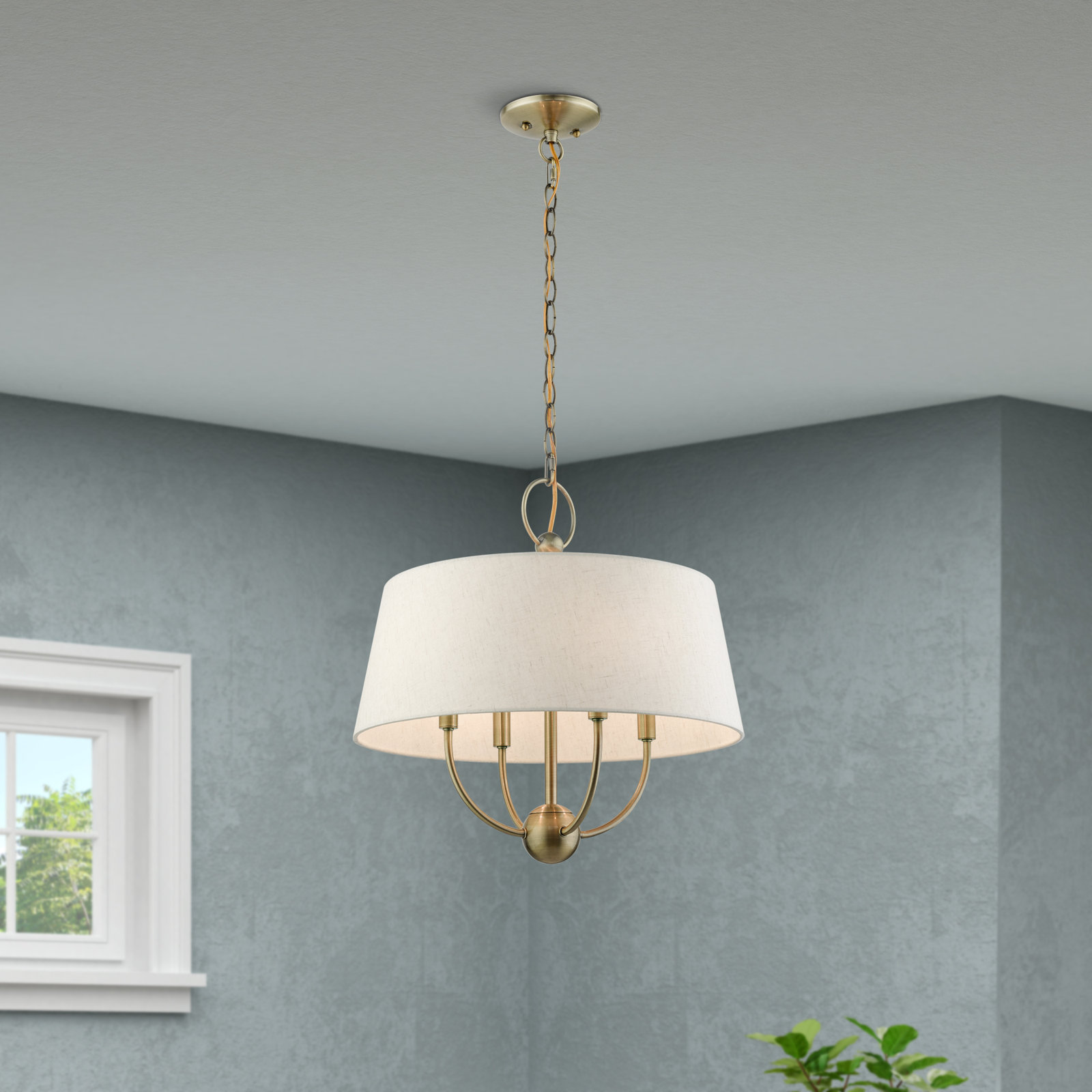 Desra 4 Light Linen Blend Dimmable Pendant, Antique Brass