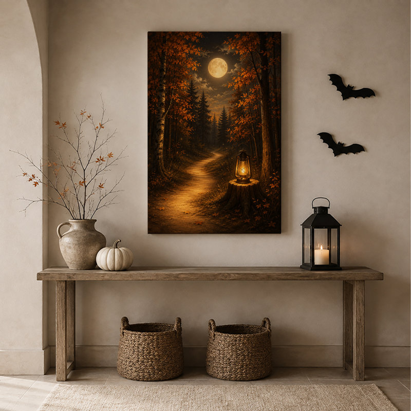 Art mural sur toile Halloween au clair de lune avec lanterne sur souche, H 24 po x l 18 po