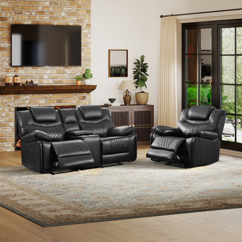 Jepum - Ensemble de salon en cuir 2 pièces : fauteuil inclinable avec porte-gobelet et rangement, Black