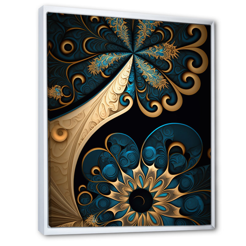 «Fractal Flower» en rétro or et bleu sarcelle foncé sur toile, H 32 po x l 24 po x P 1 po, Cadre flottant blanc