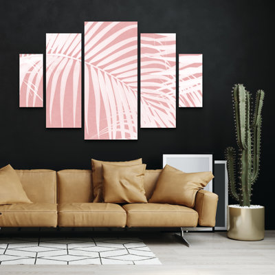 Ensemble de 5 panneaux - amini54 «Palm Leaves On Pink Silhouette IV», art mural sur toile pour le salon, la chambre à coucher ou le bureau 