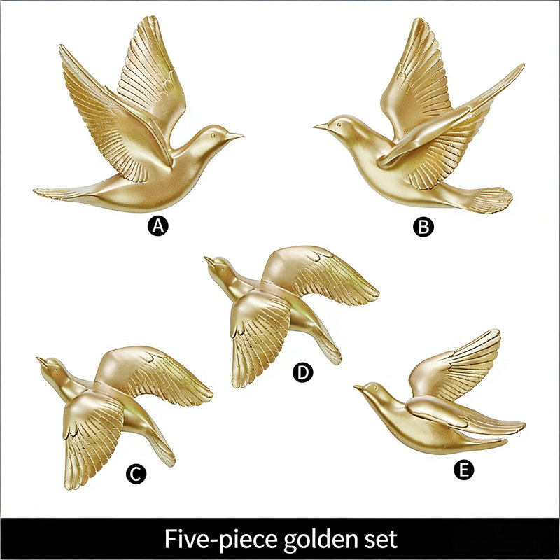 Modern Flying Birds Wall Art Decoration 5-piece Set 3D Suspended Bird Wall Decoration Set, Gold