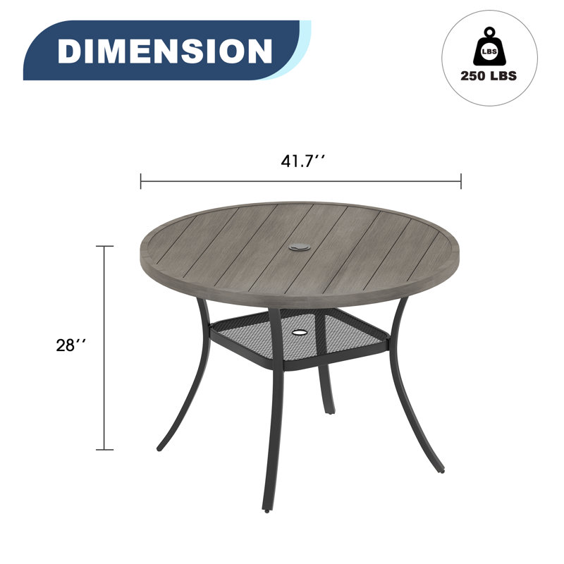 Melisent Round Metal Outdoor Dining Table With Umbrella Hole , 41.7'' in. W 41.7'' in. D, Brushed Wood Gray