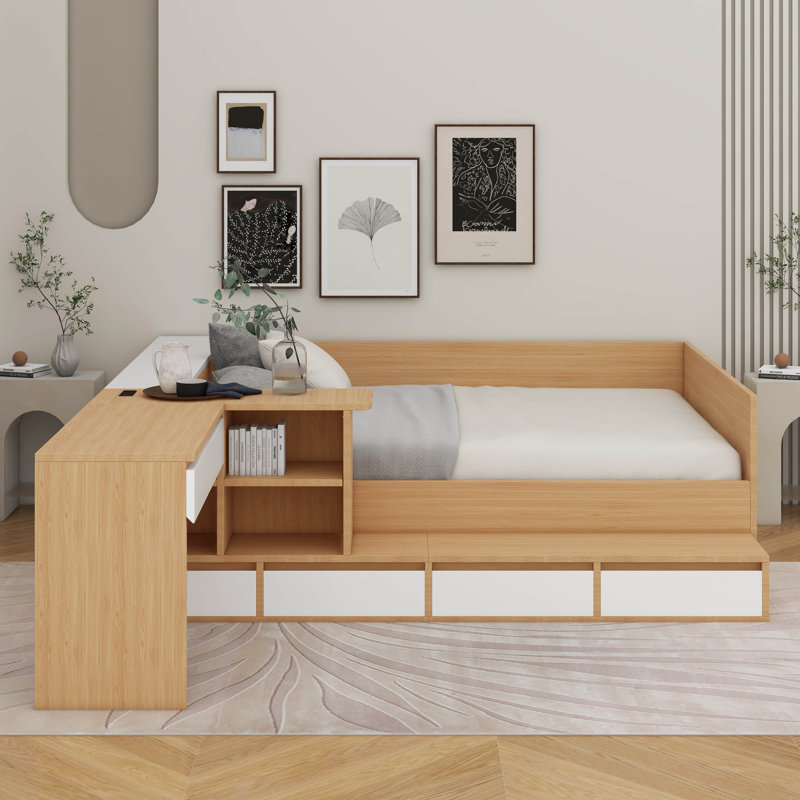 Lit plateforme double avec tiroirs, tablettes et coiffeuse, Naturel