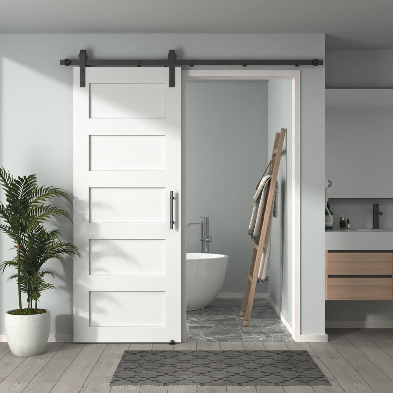 Porte de grange coulissante pré-assemblée 28 po x 80 po avec porte de quincaillerie noire 5 pi., 28 po x 80 po
