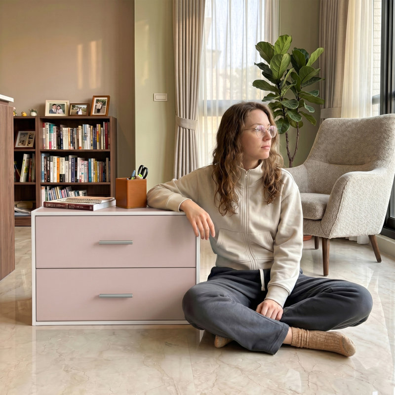 15.7"H 2-Drawer Wooden Storage Bookcase, Light Pink