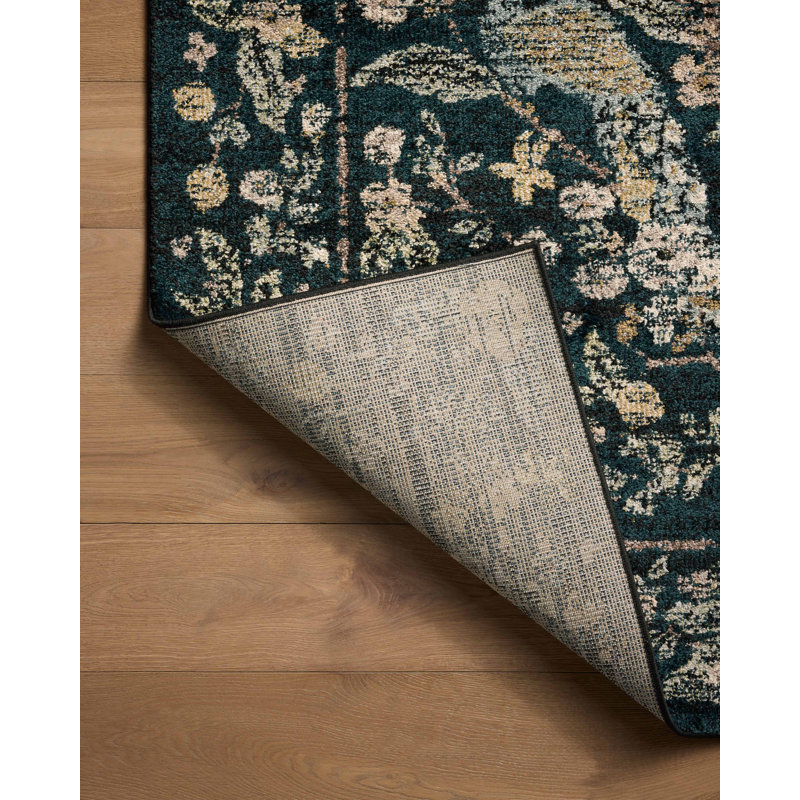 Navy Floral Wool and Synthetic Rectangular Rug, 5' x 8'
