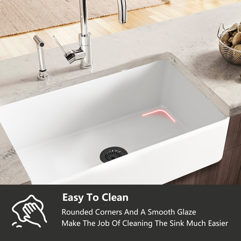 Farmhouse Single Basin Kitchen Sink, 10" H x 30" L x 18", White