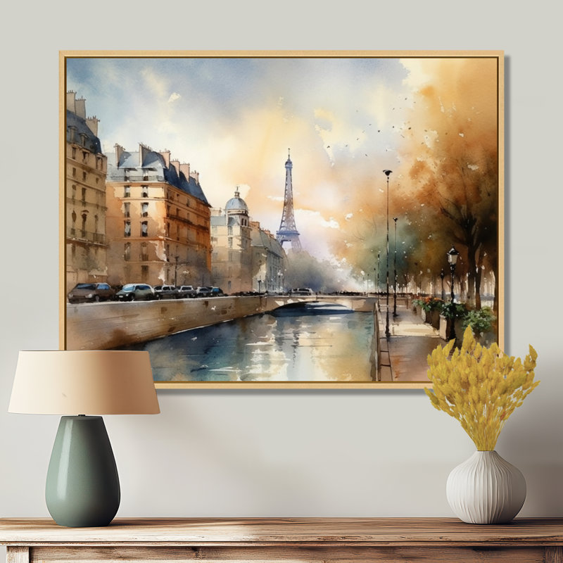 «Beautiful Pastel Paris Scenery», art mural sur toile Paris, H 30 po x l 40 po x P 1,5 po, Cadre flottant érable