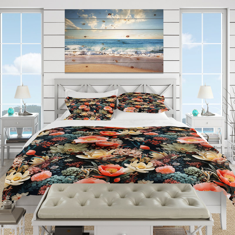 Literie à motif tropical Oceanic Gardens, Housse de couette pour grand lit et 2 taies décor