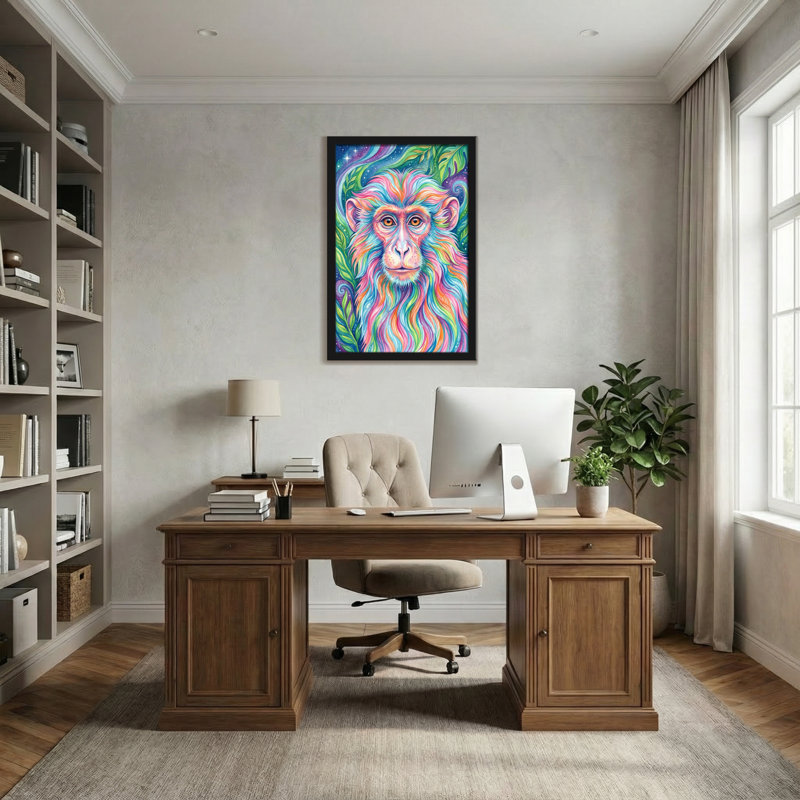 Animaux, singe coloré avec fond cosmique et feuilles, H 24 po x l 16 po