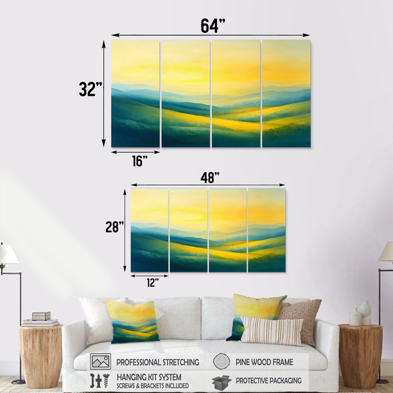 «Countryside Rolling Hills At Dawn II» - Art mural campagne - Art mural sur toile, H 32 po x l 64 po, 4
