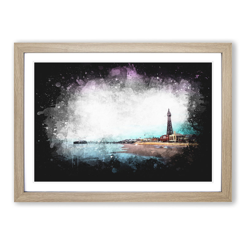 Blackpool Tower and Beach - Picture Frame Painting Print, 33cm H x 45cm W x 2cm D, Oak Framed