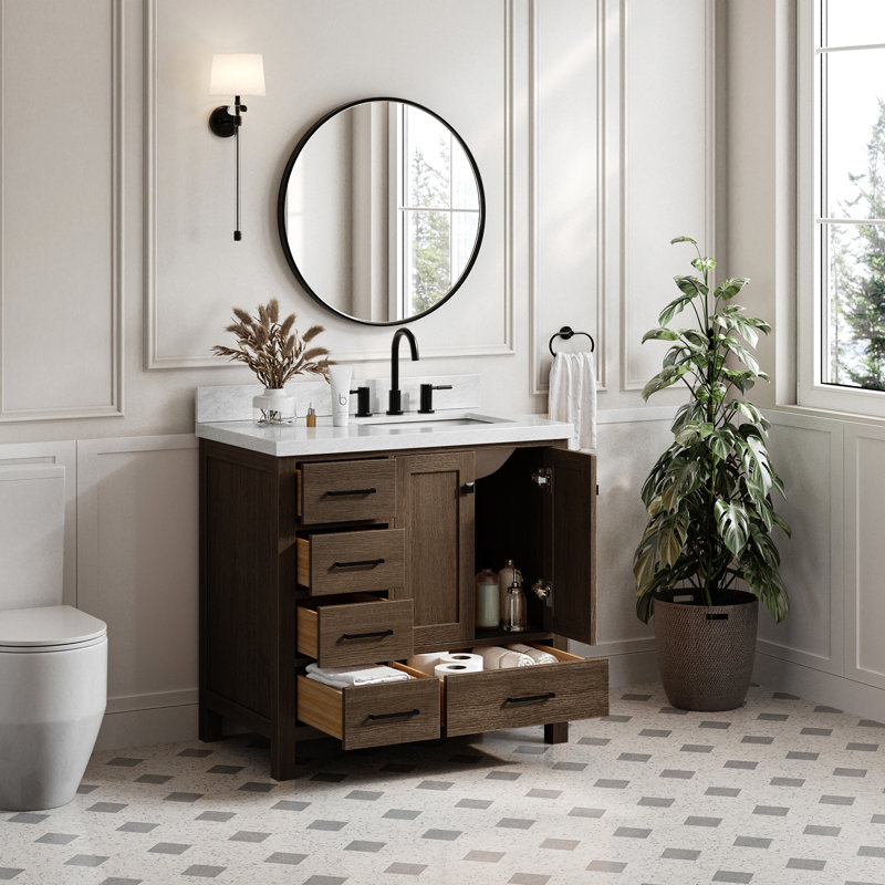 Ensemble de meuble-lavabo simple 37 po Grevera, Marbre de Carrare, Chêne brun, Rectangular