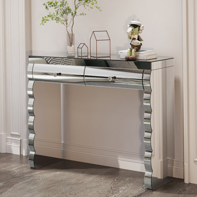 Mirror Console Table, Silver Dressing Table For Baked Curved Mirror With 2 Drawers, Mirror-Decorated Side Table Suitable For Hall And Living Room, Dressing Table Mirror Dressing
