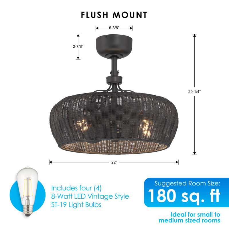 Ayane 22'' Ceiling Fan with Natural Rattan Shade and Light Kit Included, Black, Matte Black