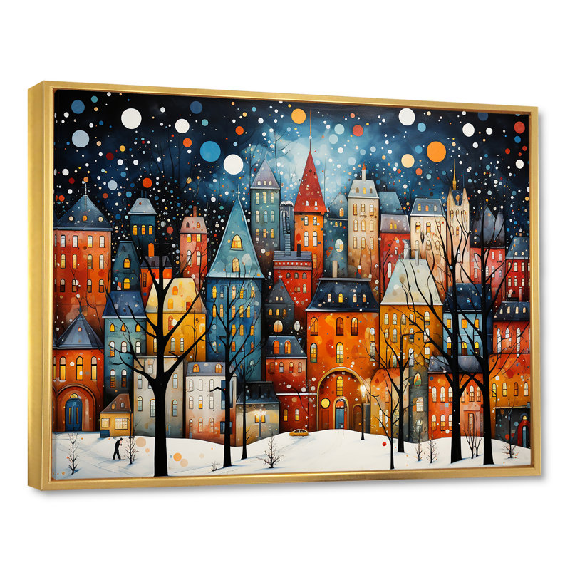 Orange orange Village Art déco - Art mural déco ville, Cadre flottant doré, H 30 po x l 40 po x P 1,5 po