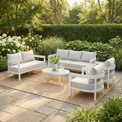 Ensemble de 5 meubles de patio courbés en aluminium pour l'extérieur, 2 chaises simples, 1 causeuse, 1 canapé trois places et 1 table basse ovale en verre trempé, ensemble de conversation pour terrasse de jardin, pour 7 adultes