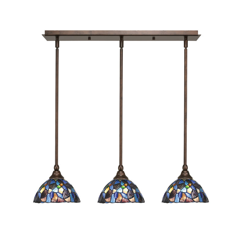 Luminaire suspendu en mosaïque bleu 3 "à 3 lumières, Bronze
