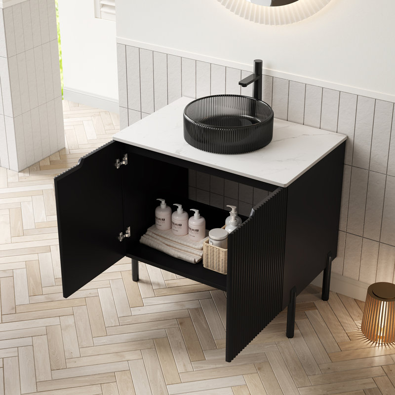 Meuble-lavabo sur pied 30 po avec lavabo, meuble de rangement autoportant avec 2 portes, lavabo rond en verre noir transparent et comptoir en pierre frittée blanc de Carrare