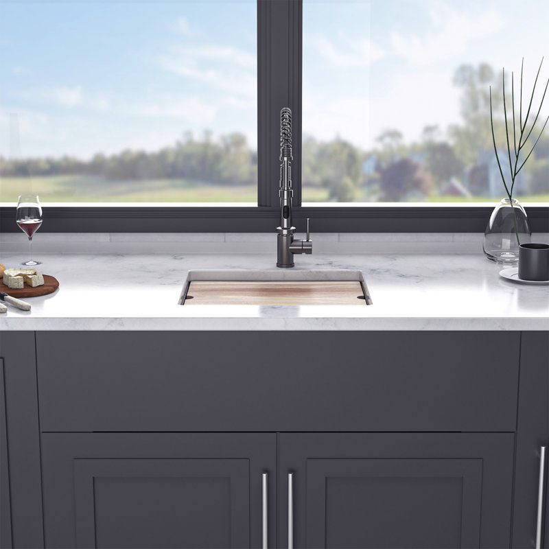 Évier de cuisine encastré en quartz / granite à simple cuve 21 "x 18" avec poste de travail, Noir mat