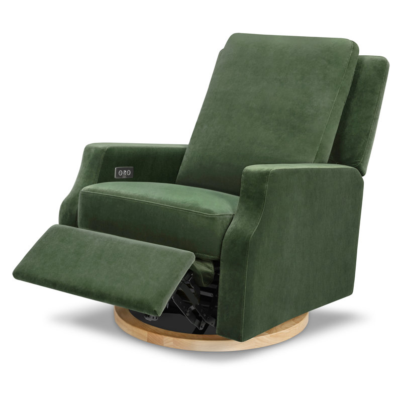 Forest Green Velvet Swivel Recliner with Light Wood Base