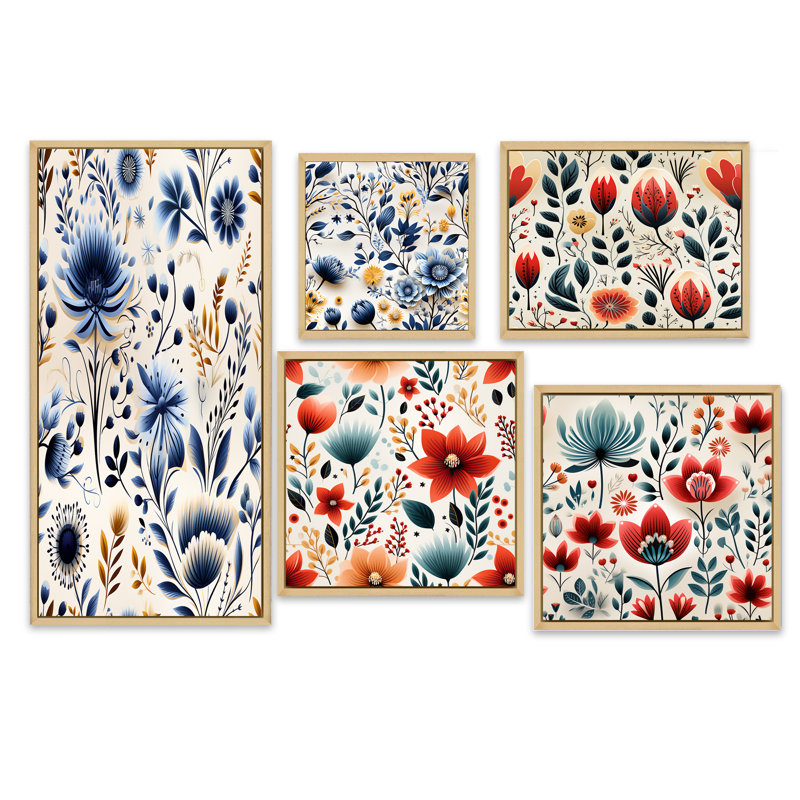 Hardman - Ensemble de 5 impressions murales florales, Cadre flottant brun