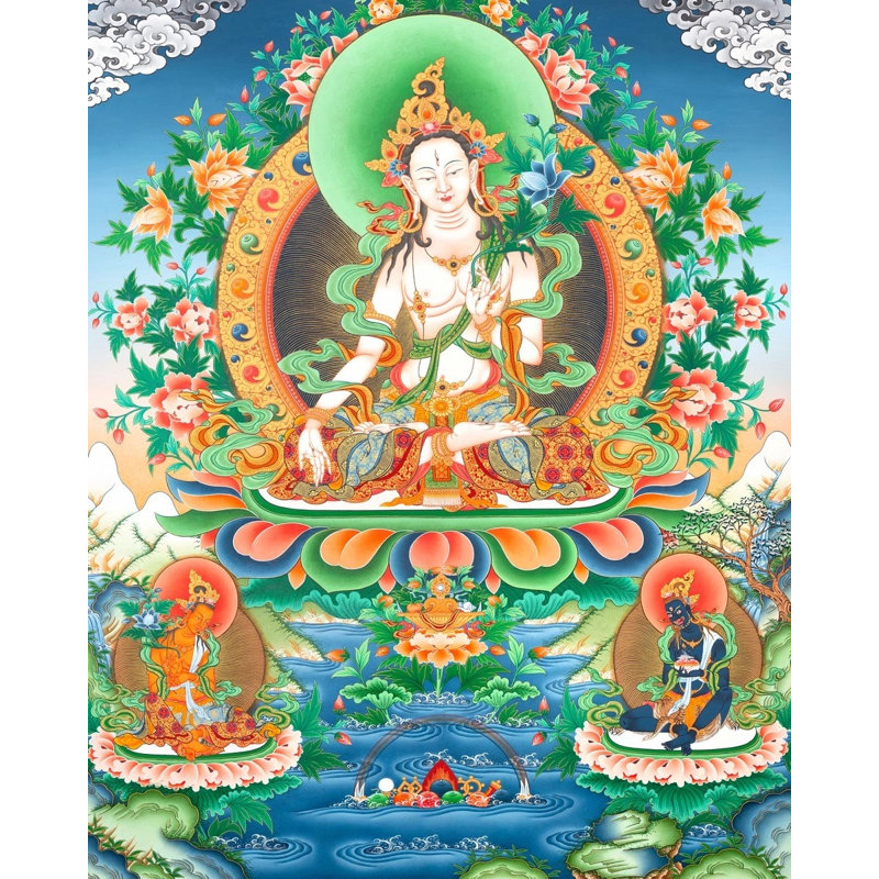 Tara blanche originale de style traditionnel peinte à la main avec Boddhisattvas Thangka (Brocadeless Thangka)