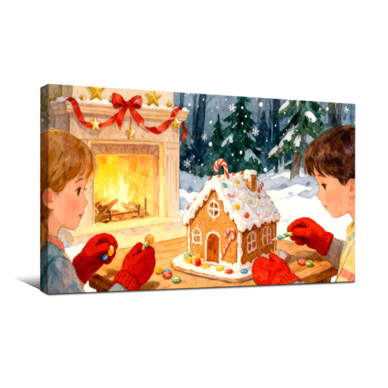 Enfants de Noël construisant ensemble une maison en pain d'épices, H 16 po x l 32 po