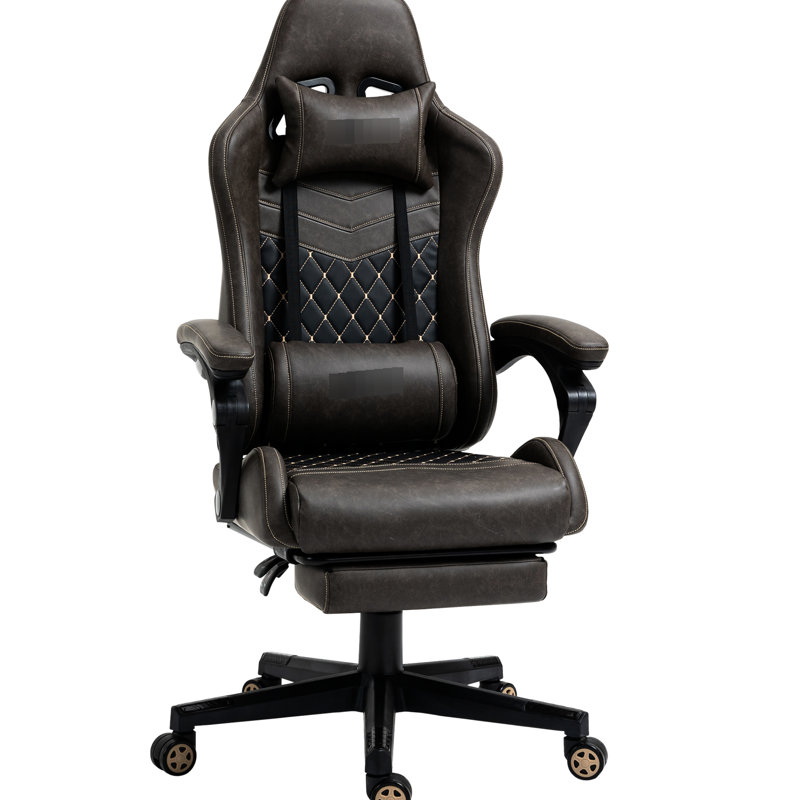 Fauteuil de jeu en cuir brun avec repose-pieds réglable, soutien lombaire, siège ergonomique de style course en cuir, rembourrage