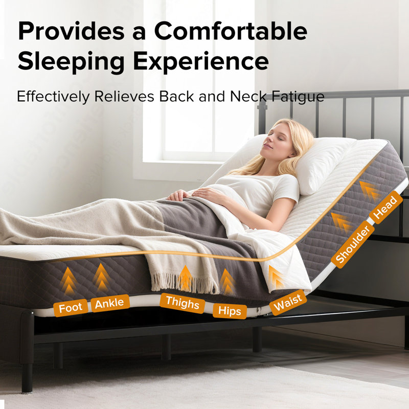 Base de lit réglable avec télécommande sans fil inclinée pour tête et pied de massage, deux types de ports USB: Type-A et Type-C, veilleuse à DEL, 4 pieds réglables en hauteur Assemblage facile