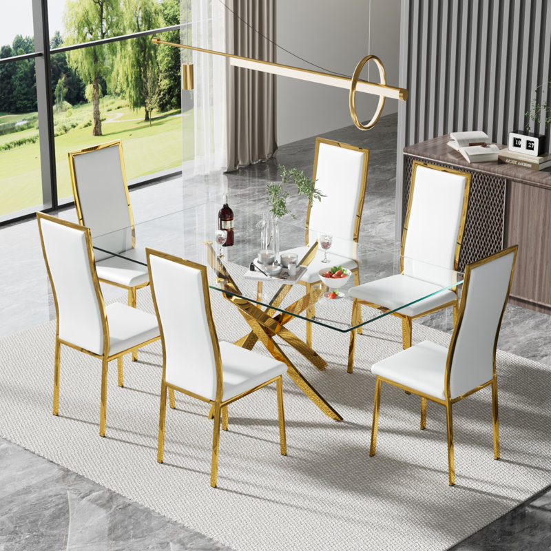 Rectangle Glass Pedestal Dining Set, White, 7, Gold