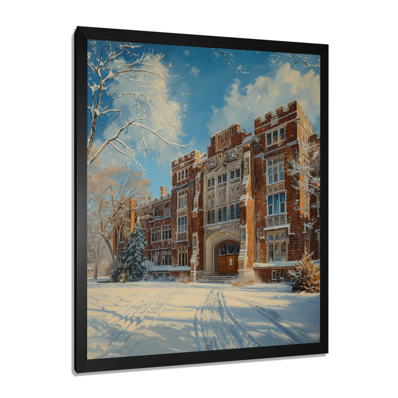 «Blue Brown Campus Building In Winter - College & University Buildings», impression d'art mural, Cadre photo noir simple