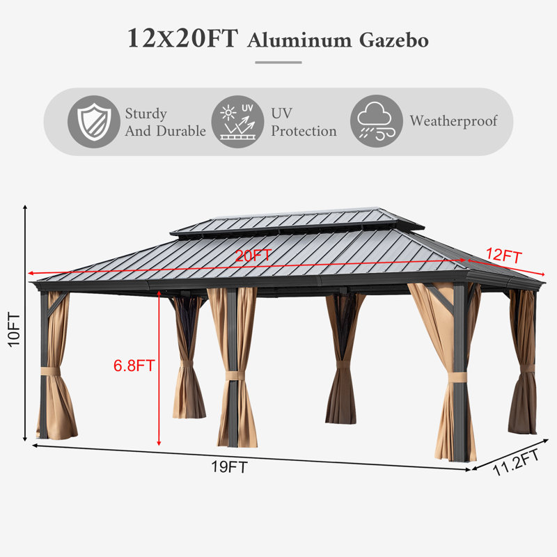 12 x 20ft Hardtop Outdoor Gazebo with Aluminum Frame and Galvanized Steel Double Roof, Mosquito Netting and Privacy Curtains