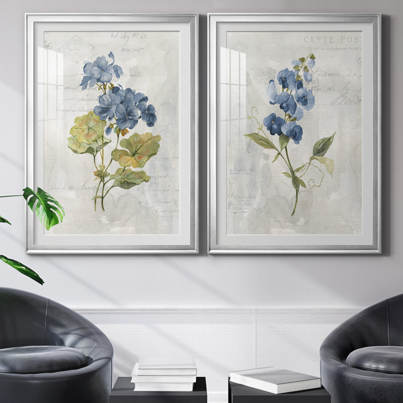Lin bleu géranium - ensemble de 2 reproductions d'art, H 26,5 po x l 73 po x P 1,5 po, Papier avec cadre argenté, Blanc