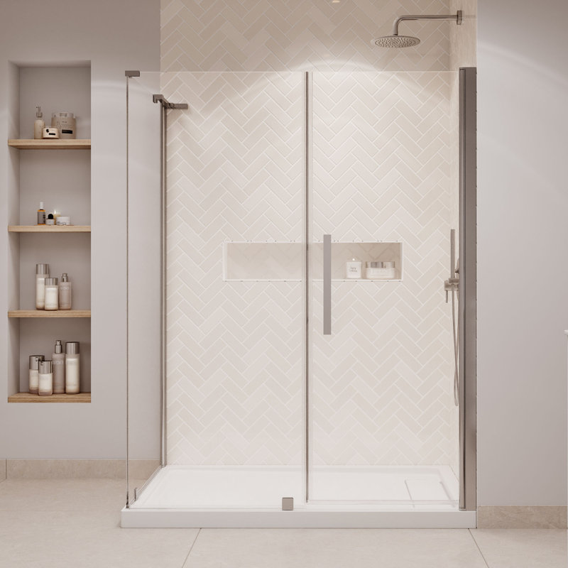 OVE Breeze Pivot 60 in. W x 36 in. D x 74 3/4 in. H Corner Frameless Pivot Shower Door Kit in Satin Nickel with Base Pan