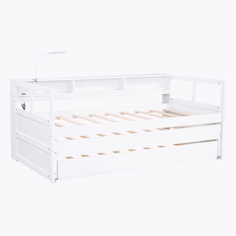 Lit de jour en bois avec 2 gigognes, 3 casiers de rangement, Blanc